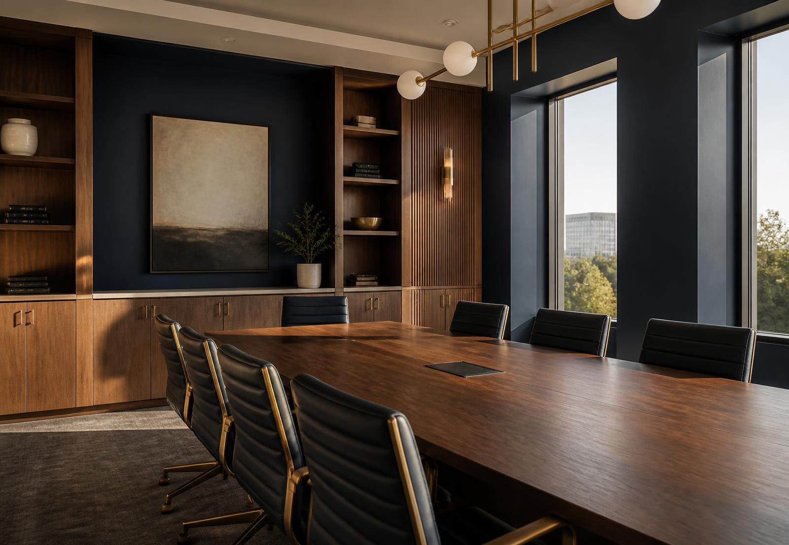 Conference room of a professional accounting office in Auburn, Alabama with warm afternoon light