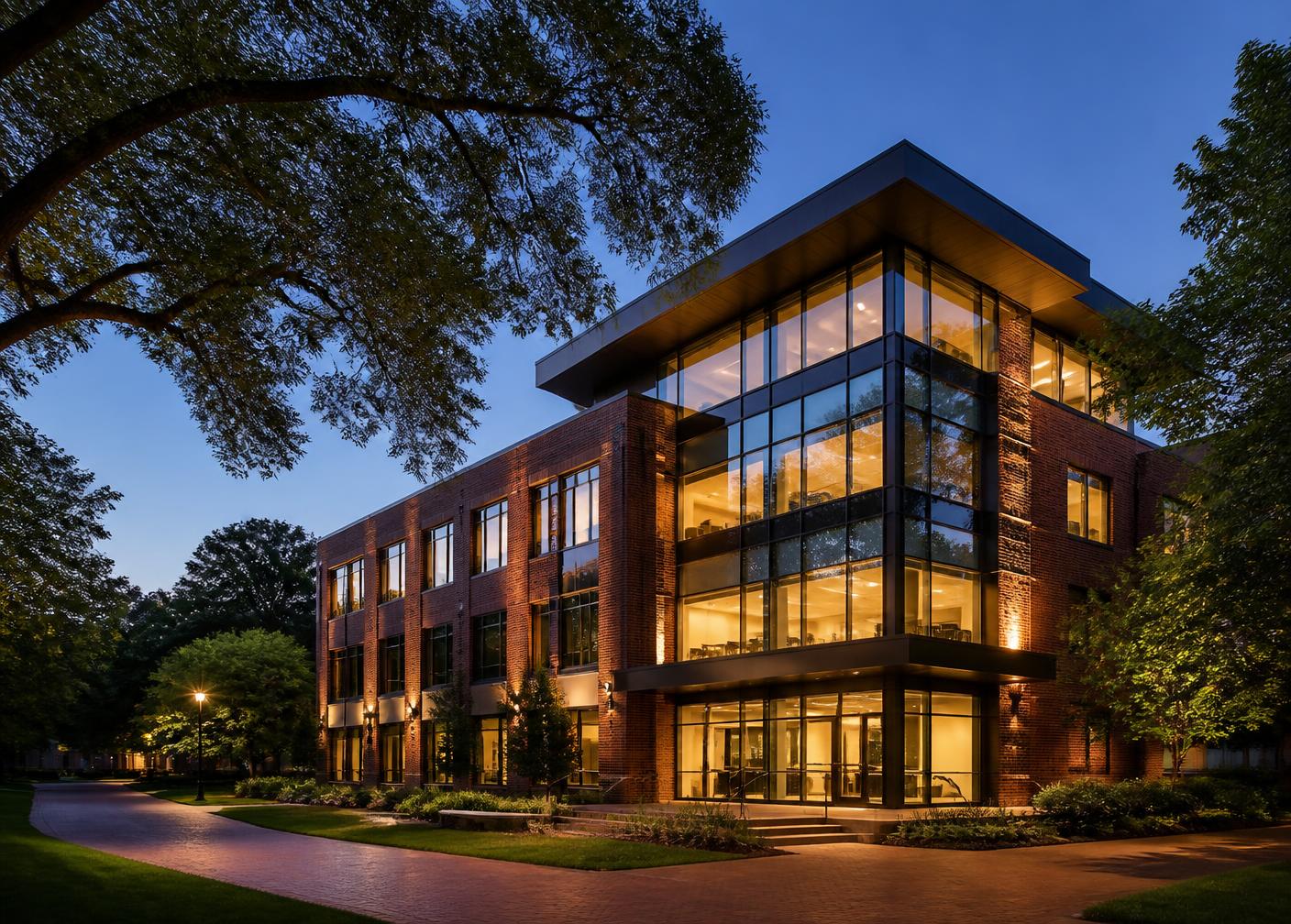 Professional office building with warm lighting at dusk